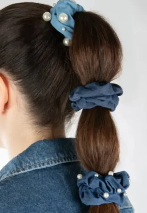 Accessoires* Trisa Fashion Denim Scrunchies mit Perlen